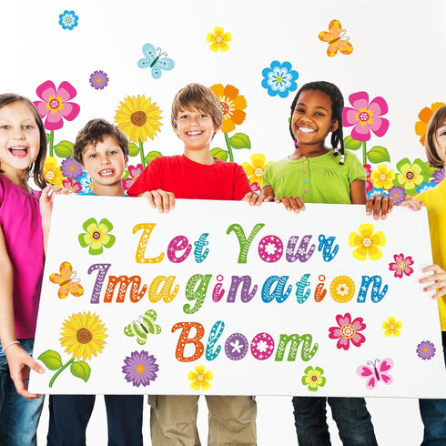 Flower Butterfly Bulletin Cutouts Classroom Bulletin Board Decor Let Your Imagination Bloom Paper Cutouts for Floral Party School Home Wall Window...