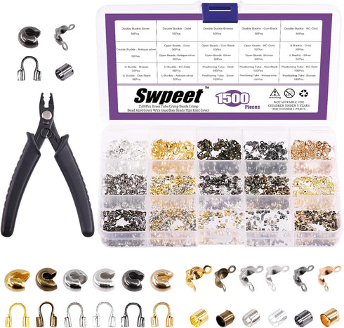 Swpeet 1501Pcs 6 Colors 4 Styles Brass Tube Crimp Beads with Bead Crimping Pliers Kit, Including Brass Tube Crimp Beads & Crimp Beads Knot Covers ...