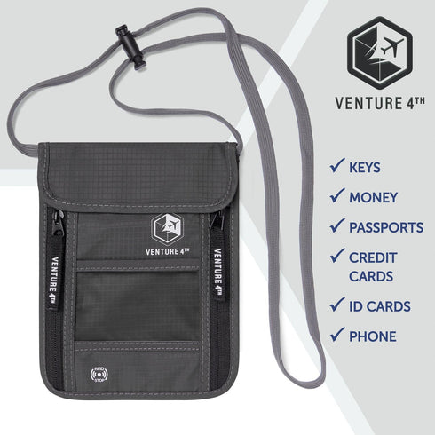 VENTURE 4TH Passport Holder Neck Wallet with RFID Blocking Nylon Lining - Hidden Neck Pouch for Travel (Gray)...