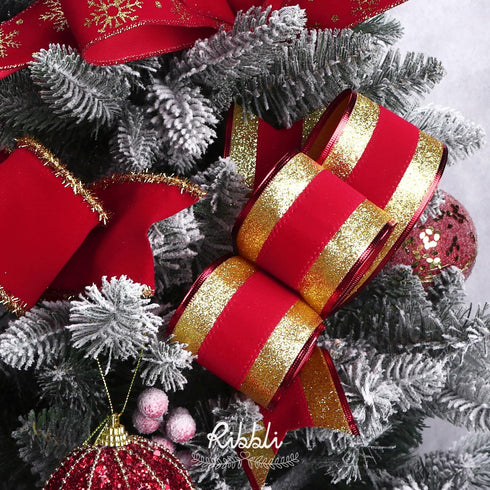 Ribbli Gold Glitter Wired Ribbon with Red Velvet Stripe 2-1/2 Inch x Continuous 10 Yard Christmas Ribbon for Big Bow,Gift Wrapping,Wreath,Tree Dec...