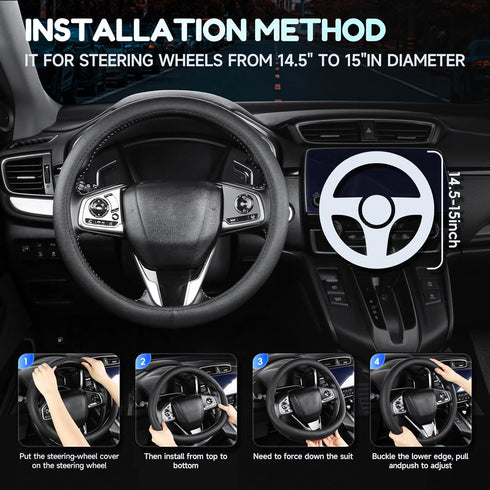Black Leather Steering Wheel Cover?Classic Black?Anti-Slip, Safety, Soft, Breathable, Adaptable to 14.5-15 inches Steering Wheel...
