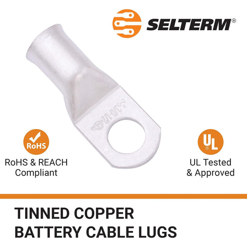 SELTERM 10pcs 3/0 AWG-1/2" Stud Tinned Copper Wire Lugs, Heavy Duty Battery Cable Ends,000 Gauge Ring Terminals, UL Battery Lugs Marine Grade Copp...