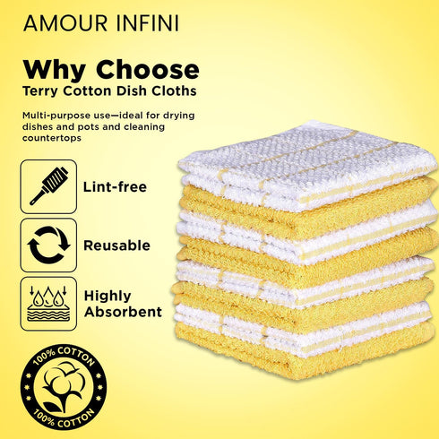 AMOUR INFINI Cotton Kitchen Dish Cloths Set of 8 – Highly Absorbent, Super Soft Premium Terry Cleaning Cloth (12"x12" Inch) Premium Dishcloths for...