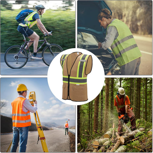 High Visibility Reflective Safety Vest with Zipper and Pockets Khaki,L...