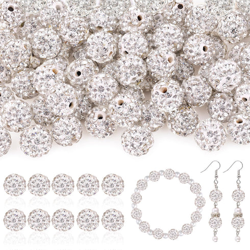 105pcs 10mm Rhinestone Beads for Crafting, White Shiny Round Shamballa Disco Ball Beads Bulk, Fancy Sparkle Crystal Clay Bead for Necklace Bracele...