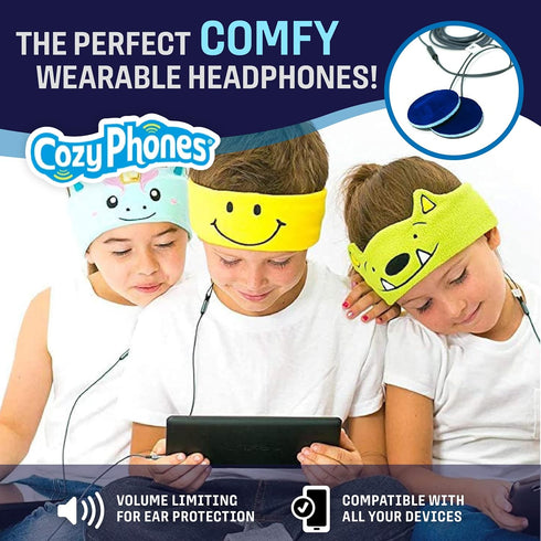 CozyPhones Over The Ear Headband Headphones - Kids Headphones Volume Limited with Thin Speakers & Super Soft Fleece Headband - Whatif Monster......