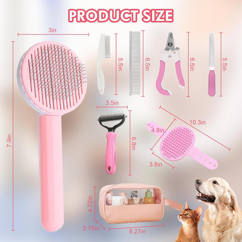 Pet Grooming Brush Kit 7pcs, Cat Brush with Release Button Comb Set for Shedding -Cat Brush&Nail Clippers File Set for Cat Dogs Long matted Haired...