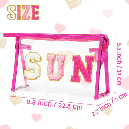 Y1tvei Preppy Patch SUN Varsity Letter Cosmetic Toiletry Bag Transparent PVC Zipper Makeup Bag Clutch Purse Portable Waterproof Travel Organizer C...