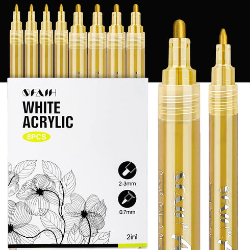 Acrylic Gold Paint Pens - 8 Pack 2-3MM Medium Tip & 0.7MM Extra Fine Gold Paint Marker for Rock Painting, Wood, Metal, Fabric, Plastic, Canvas, Gl...
