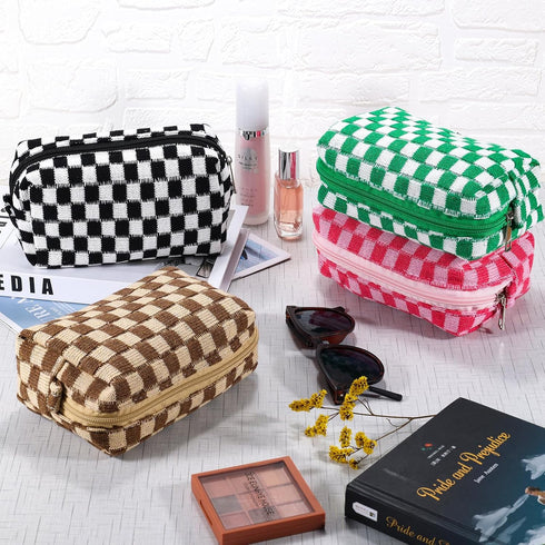 4Pcs Checkered Makeup Bag for Women Knitted Small Cosmetic Bag Travel Makeup Pouch for Purse Zipper Toiletry Organizer Cute Aesthetic Girls Makeup...