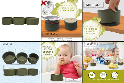 Stay Put 3pcs Suction Snack Cups for Babies and Toddlers in Different Sizes – Dishwasher and Microwave Safe Kids Bowls – Durable Silicone – Olive ...