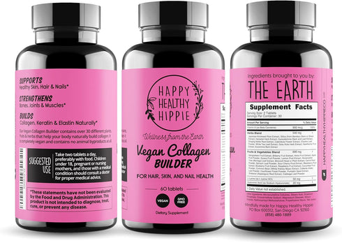Vegan Collagen Builder w/ Hyaluronic Acid - Collagen Pills for Youthful Glow | Keratin & Elastin Builder for Skin, Hair, Nails, Bones, Cartilage, ...