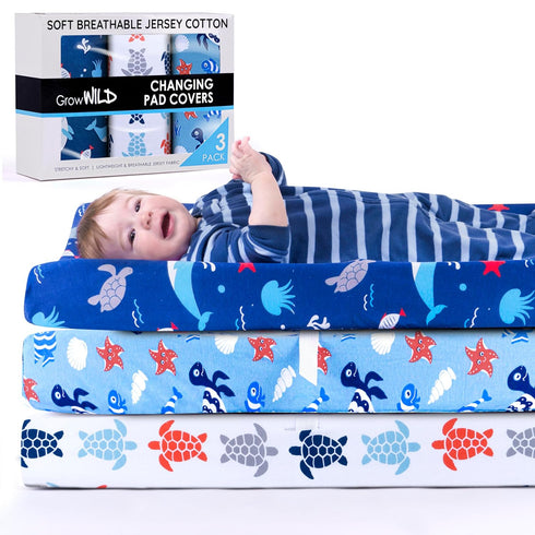 GROW WILD Changing Pad Cover 3 Pack | Soft & Stretchy Jersey Cotton | Baby Changing Table Pad Cover | Diaper Changing Pad Covers for Girls and Boy...
