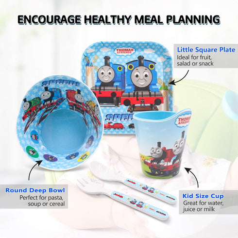 Thomas Transport Fans 5 Pcs Set Cartoon Durable Tableware Meal Dishes Mealtime Food Feeding Eating Set includes Dinner Serving Bowl Plate Cup with...