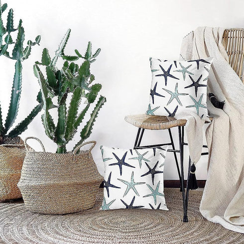Emvency Set of 2 Throw Pillow Covers Beach Ocean Coastal Green and Blue Starfish Decorative Pillow Cases Home Decor Standard Square 18x18 Inches S...