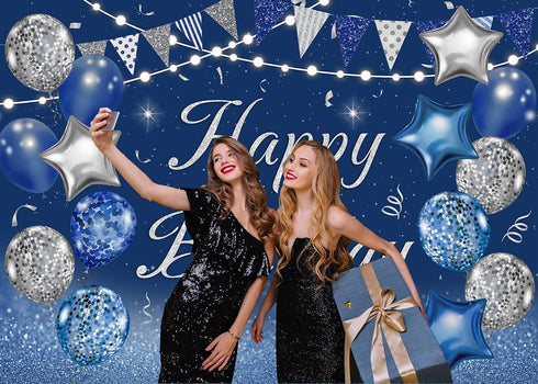 Navy Blue Happy Birthday Backdrop Silver Glitter Balloons Star Flag Sequins Background Adult Men Women Birthday Party Decoration Cake Table Photo ...