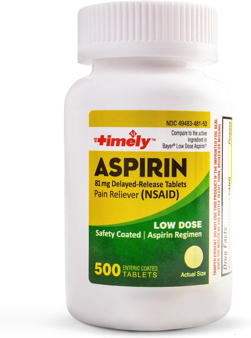 Timely - Low Dose Aspirin 81mg - 500 Tablets - Compared to the active ingredient in Bayer Low Dose - Enteric Coated Low Strength - Pain Reliever f...