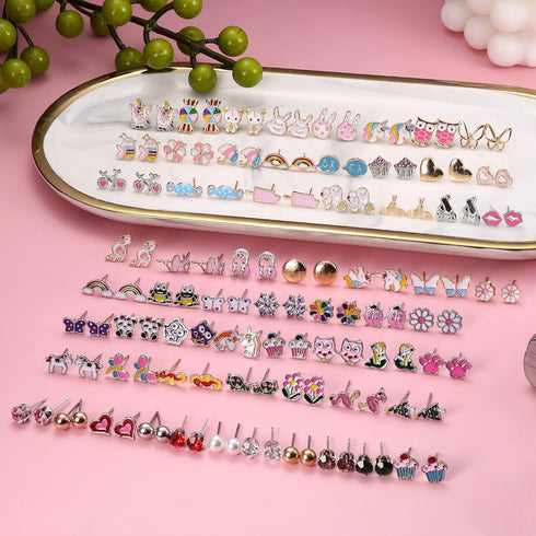 BESTEEL 63 Pairs Cute Stud Earrings for Women Sensitive Ears Studs Set With Stainless Steel Post Candy Flower Heart Animal Earrings in Vivid Color...