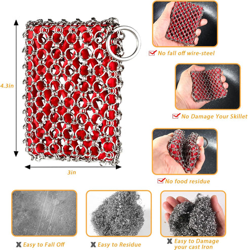Cast Iron Scrubber, Skillet Chainmail Scrubber for Cast Iron Pan - Chain Mail Scrubber Cast Iron Sponge - Metal Scrubber Cast Iron Skillet Cleaner...