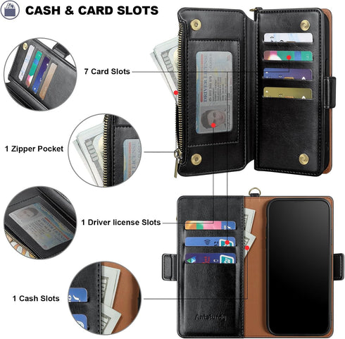 Antsturdy Compatible with iPhone 13 Pro Max Wallet Case,RFID Blocking PU Leather Phone Case Women Men Kickstand Flip Cover Wrist Strap Zipper Cred...