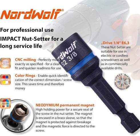 5-Piece SAE Nut Driver Set, Impact Magnetic Nut Setters Made From S2 Steel, Imperial Sizes 1/4"-5/16"-3/8"-7/16"-1/2"...