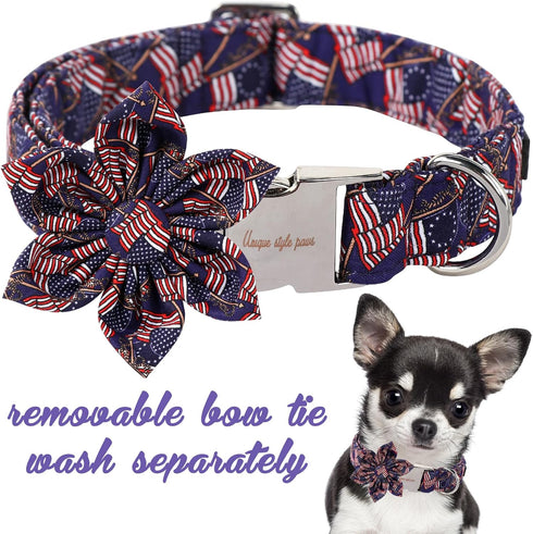 Unique Style Paws 4th of July Dog Collar with Bow American Flag Dog Collar with Bow Tie Adjustable Patriotic Dog Collar for Small Medium Large Dog...