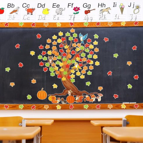 155 Pieces Classroom Tree Bulletin Board Set Spring Fall Summer Tree Bulletin Board Decoration Bulletin Board Tree Cutout Maple Leaves Cutouts for...