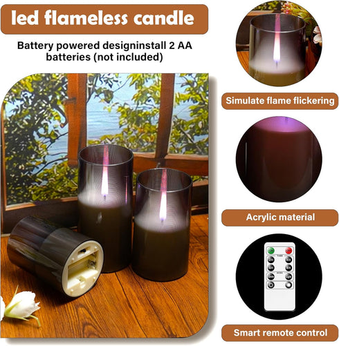 Flameless Candles Upgraded Realistic Flickering Flame LED Candles,Battery Operated Candles with Remote Timers,Acrylic Electric Candles Set of 3(D ...