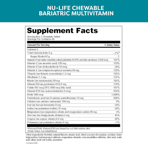 Nu-Life Advanced Bariatrics Multivitamin Chewable Tablets, Bariatric Mulivitamin with Iron - Tropical Berry (60 Chewable Tablets) (Packaging May V...