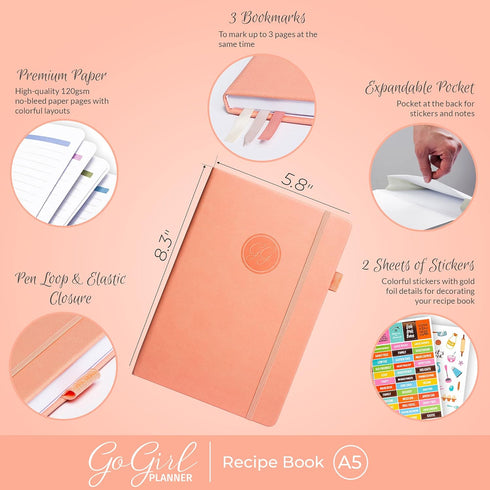GoGirl Recipe Book – Blank Cookbook to Write In Your Own Recipes – Empty Cooking Journal for Family Recipes – Personalized Recipe Notebook – Hardc...