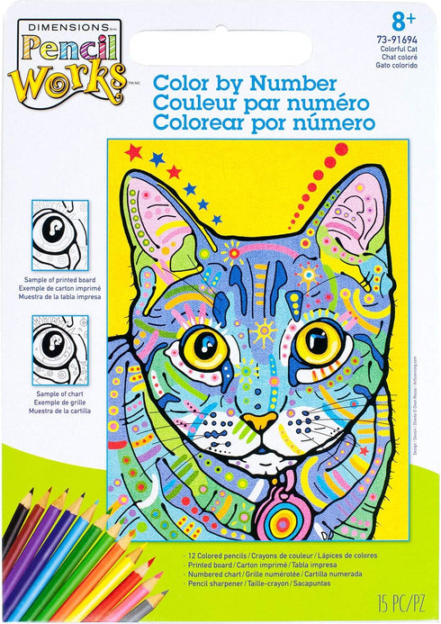 Dimensions Cat, PencilWorks Color by Numbers Kit for Adults and Kids, 9'' x 12'...