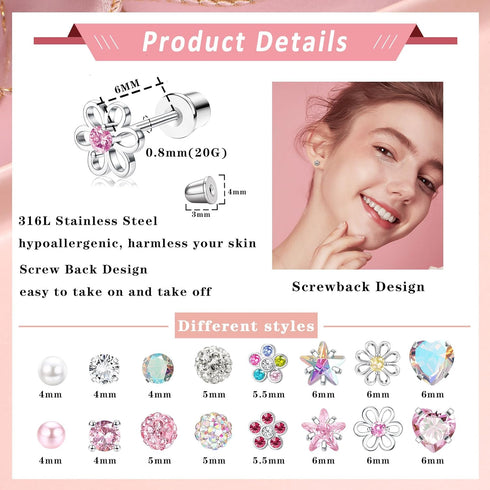 THUNARAZ 16 Pairs Hypoallergenic Screw Back Earrings for Women Girls Surgical Steel Tiny CZ Pearl Ball Heart Flower Screwback Flat Back Stud Earri...