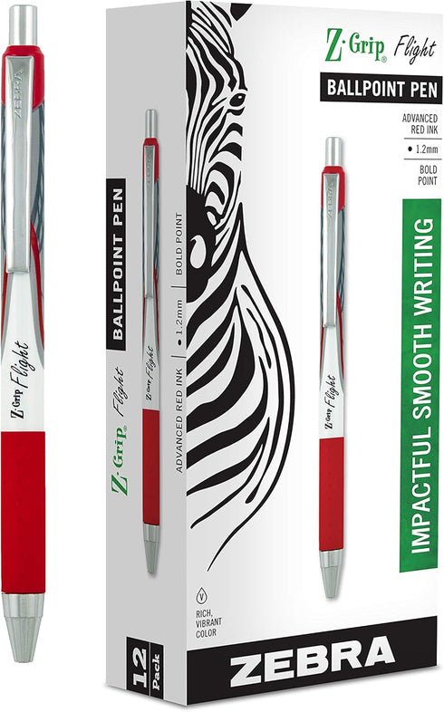 Zebra Pen Z-Grip Flight Retractable Ballpoint Pen, Bold Point, 1.2mm, Red Ink, 12-Count...