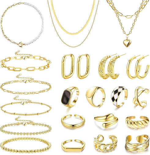 Sanfenly Jewelry Set with 3 PCS Necklaces, 5 PCS Bracelets, 3 Pairs Hoop Earrings, 10 Pcs Chunky Rings Jewelry Pack for Women Valentine Anniversar...