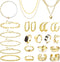 Sanfenly Jewelry Set with 3 PCS Necklaces, 5 PCS Bracelets, 3 Pairs Hoop Earrings, 10 Pcs Chunky Rings Jewelry Pack for Women Valentine Anniversar...