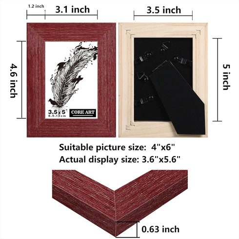 CORE ART 3.5x5 Picture Frame, Handmade Wood Rustic Red Photo Frame Set of 2, High Definition Semi-tempered Glass Wall or Tabletop Display...