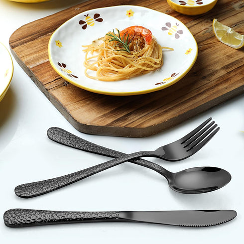 LIANYU 9-Piece Kids Black Silverware Set, Stainless Steel Toddler Utensils, Hammered Metal Flatware Cutlery Set Preschooler, Children Tableware In...