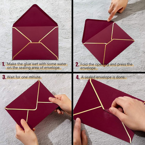 50 PCS Invitation Envelopes A7 Size, Burgundy Envelopes 5 x 7 Inch V-Flap Mailing Card Envelopes Quick Seal Envelopes with Gold Border for 5x7 Car...