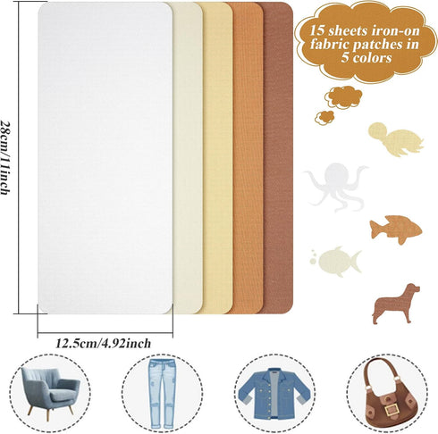 15 Sheets Iron-On Mending Fabric 4.92 x 11 Inch Clothes Patches Repair Kit for Fixing Couch Pants Pockets Holes Knees Elbow (Khaki, Brown, White, ...