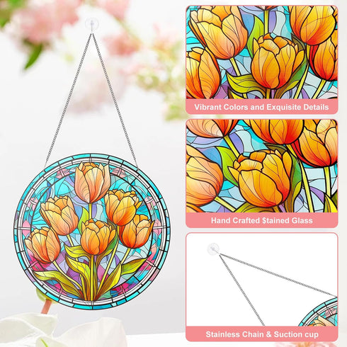 Tulips Acrylic Window Hangings 11.8”Acrylic Wall Decor Flower Stained Window Panel Indoor Outdoor Home Garden Ornaments Housewarming Gift with Met...