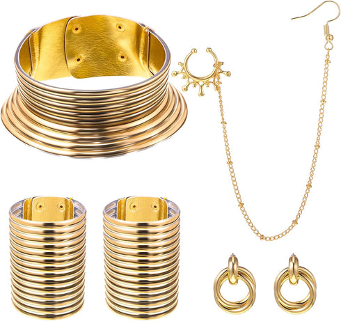 Hicarer 6 Pcs African National Gold African Jewelry Women Set Flamboyant Egypt Choker Bracelet African Nose Rings Hoop Chain Earrings for Hallowee...