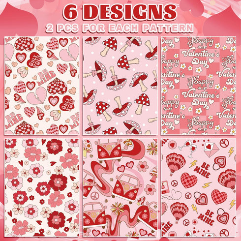 JarThenaAMCS 12 Sheets Valentine's Day Wrapping Paper Groovy Hippie Gift Wrap Paper Bulk Folded Flat Red Pink DIY Craft Art Paper for Birthday Wed...