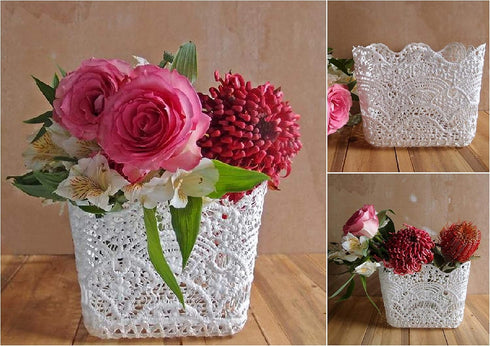 White Lace Flower Vase Pot Decor Holder 4" 5" 6" Square (Small 4" W x 4" D x 4.5" H)...