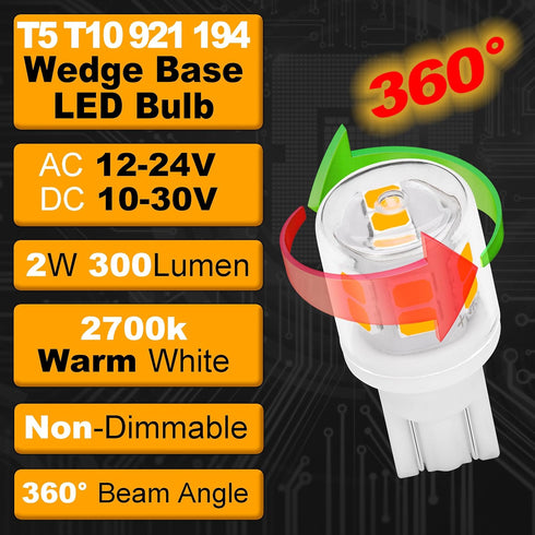 Low Voltage T5 T10 LED Bulbs 2 Watt Equivalent 11W 18W Warm White 2700K 300 Lumen AC/DC 12-24V 921 194 Wedge Base LED Bulb for Outdoor Landscape W...