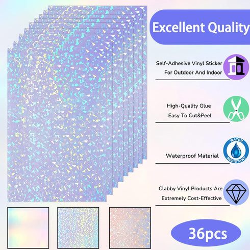 36 Sheets Self-Adhesive Paper Holographic Transparent Paper A4 Waterproof Self-Adhesive Transparent Film 11.7 x 8.3 Inches (Gem, Point, Colorful, ...