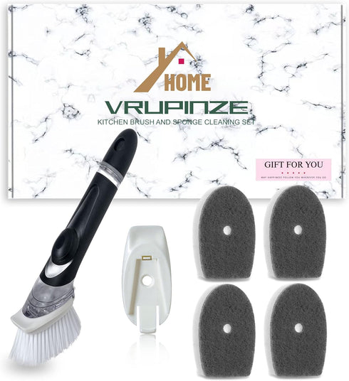 Dish Wand with 1 Dish Brush and 4 Replacement Sponge Heads -Durable Refills Sponge and Dish Scrubber with Soap Dispenser for Sink Pot Kitchen Clea...