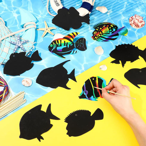 Motionchic 80 Pieces Tropical Fish Scratch Card for Kids Rainbow Ocean Fish Paper Crafts Sea Animal Ornament Under The Sea Party Favors with Woode...