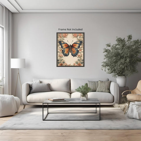 Posterizer 1 pcs- Orange and blue butterfly with wild red flowers-Art for Animal Lovers-Floral Botanical Art- Gift for Men Women Teens-Living Room...