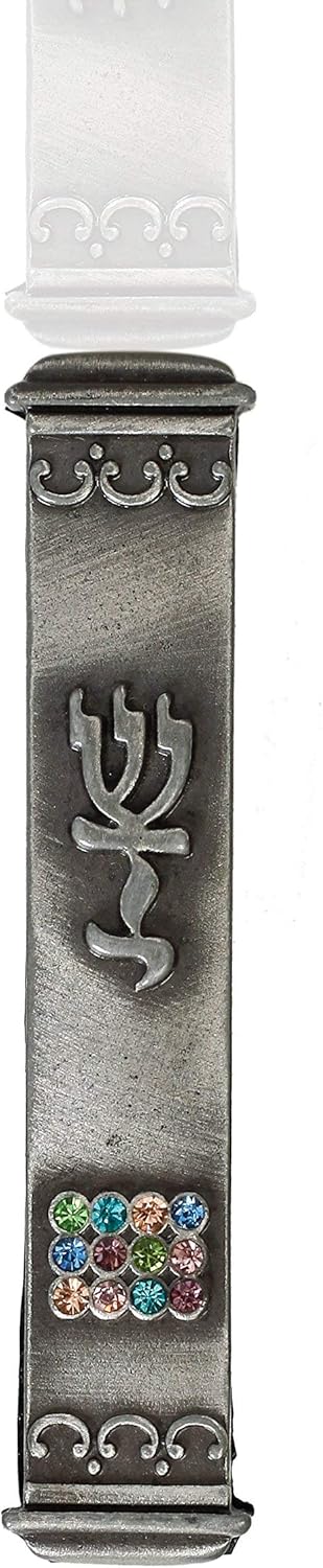 Holy Land Market Mezuzah with Scroll - 12 Tribes Ephod Hoshen Breastplate, 3 Inches, Silver, Kosher Option Available...