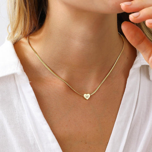 Gold Initial Heart Necklace for Women Girls 14K Gold Plated Letter Necklace Dainty Gold Herringbone Chain Heart Choker Necklace Personalized Name ...